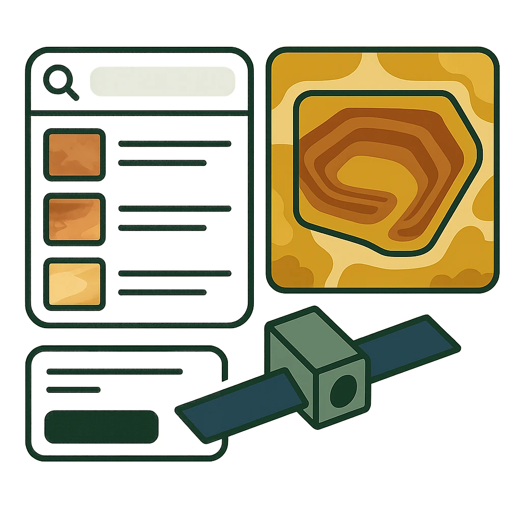 Illustration of a search panel with scene thumbnails beside a map tile showing a benched pit outlined against open ground