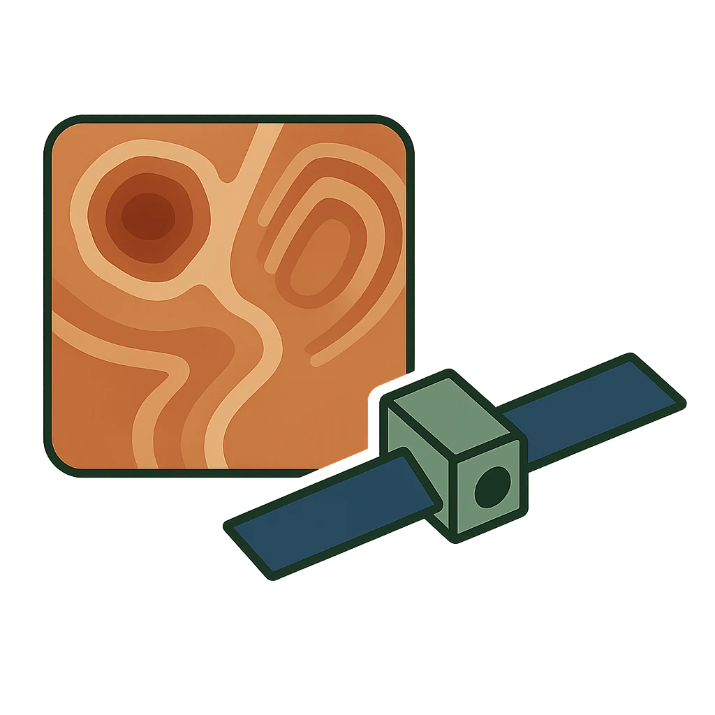 Illustration of a satellite beside a square map tile shaded with contour bands over orange terrain