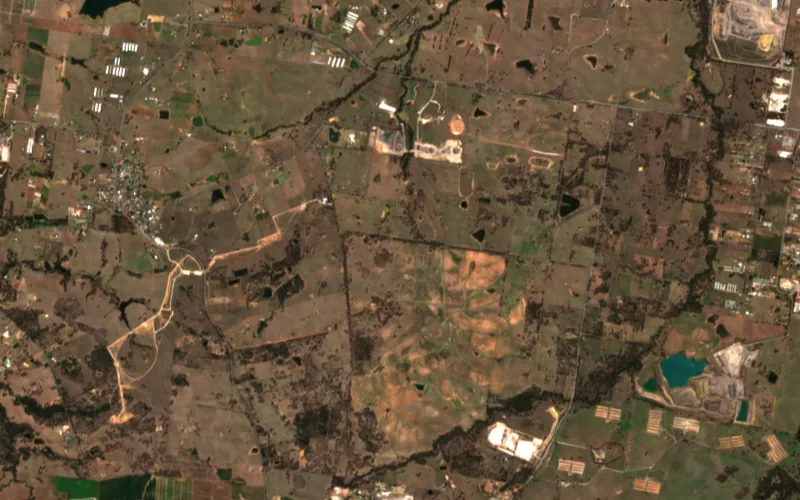 Sentinel-2 image of the Western Sydney International Airport site, Oct 2018: Farmland and scattered houses before construction.
