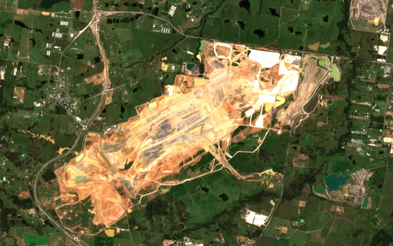 Sentinel-2 image of the Western Sydney International Airport site, Nov 2020: Bulk earthworks across the whole airport site.
