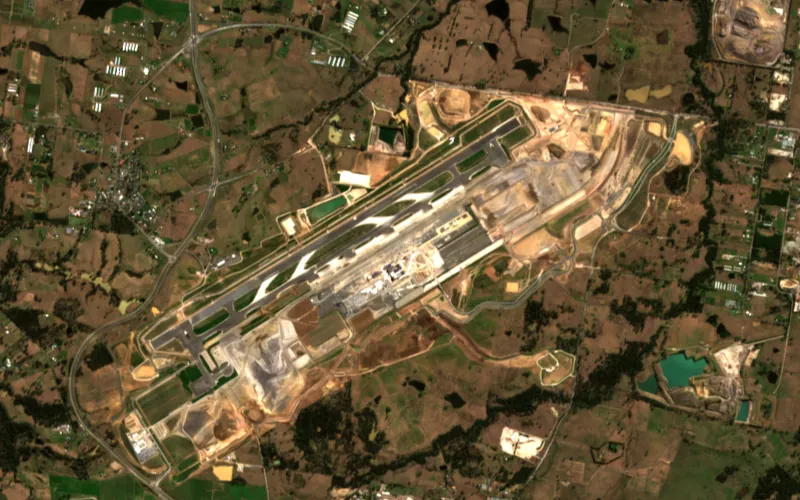 Sentinel-2 image of the Western Sydney International Airport site, Aug 2022: Runway and taxiway pavement taking shape.