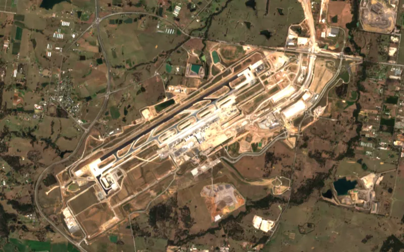 Sentinel-2 image of the Western Sydney International Airport site, Sep 2023: The runway paved, with the terminal area under construction.