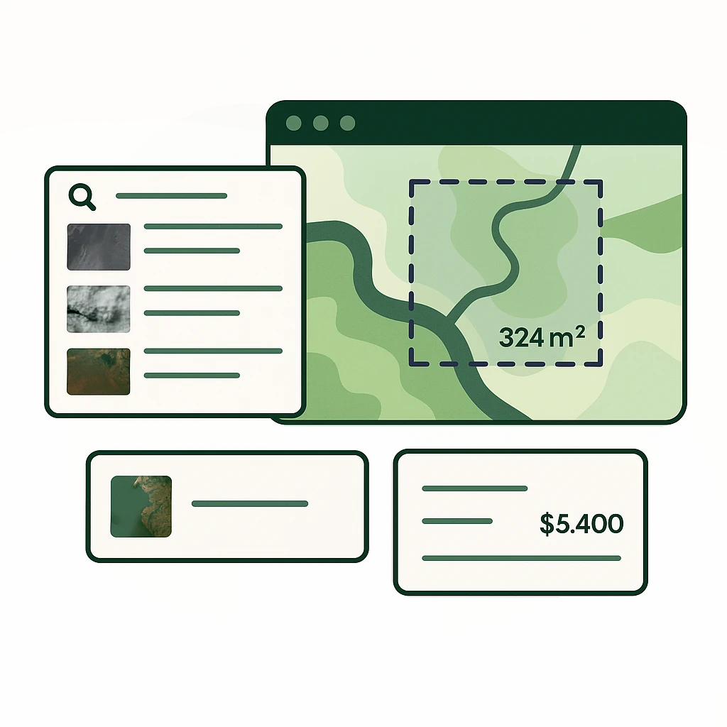 Illustration of a search panel beside a map with a dashed area of interest labelled with its size, and an order card showing the price